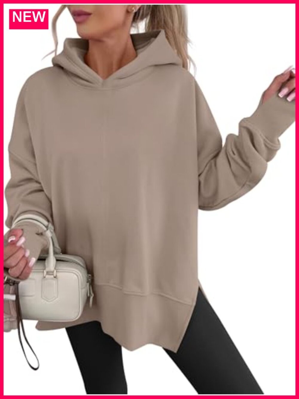 Oversized Pullover Hoodie with Thumb Hole Cuff and Side Slit